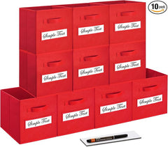 11 Inch Storage Cube,Storage bin,cube storage (Set of 10) Foldable Fabric Cube Storage Bins with 10 Labels Window Cards & a Pen,Baskets Containers for Shelves,Closet Organizers Box,Red