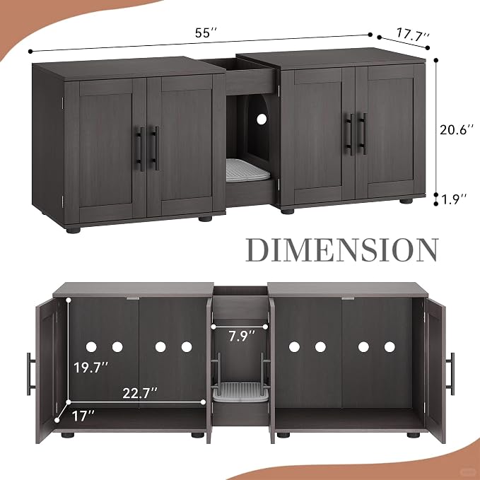 3-in-1 Cat Litter Box Enclosure for 2 Cats, 55 Inch Large Hiddden Litter Box Enclosure Furniture with Double Rooms, Farmhouse Wooden Cat Washroom for Bedroom Living Room, White