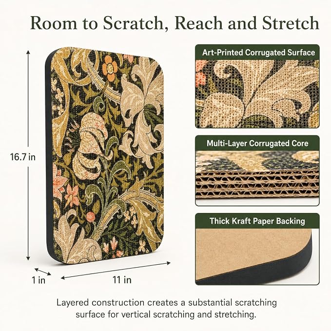 2 Pack Cat Wall Scratcher, Art Cat Scratching Board for Cats | Wall Mounted Cat Scratch Pad, Water-Based Ink, Hook&Loop Strips, Floor or Wall Use, 16.7x11x1 Inch, William Flower
