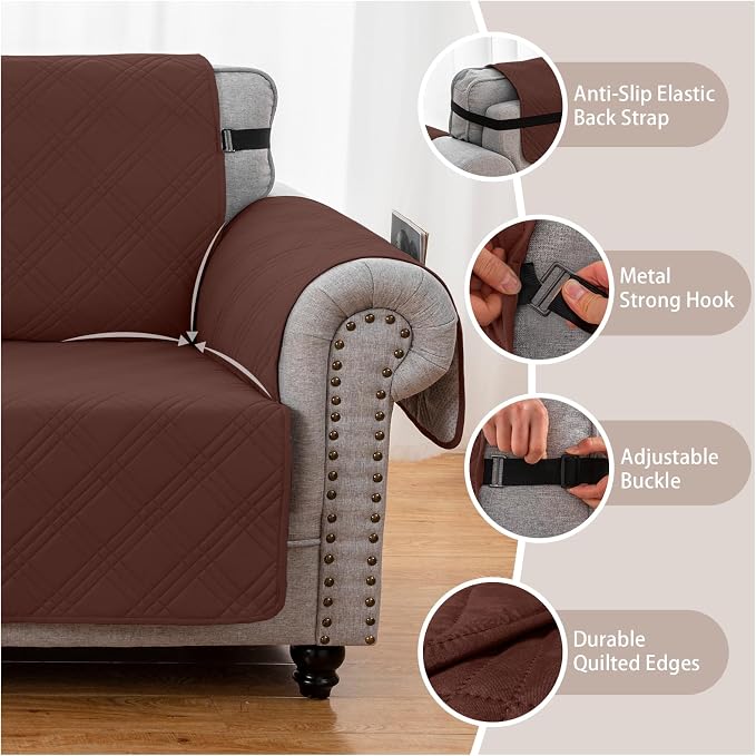 100% Waterproof Couch Cover for Dogs, Washable Anti-Slip Sofa Cover with Elastic Straps & Side Pockets, Quilted Furniture Protector for Kids & Pets (3 Cushion 68", Coffee)