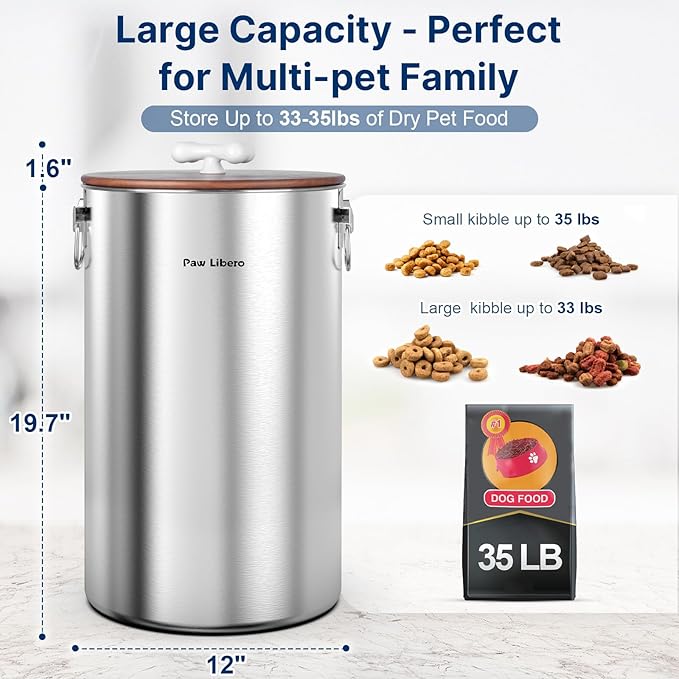 2 Pack 35 lb Stainless Steel Dog Food Storage Container Set with Wooden Lid | Metal Dog Food Storage Container for Dogs & Cats, Airtight Dog Food Container to Keep Food Fresh, Easy to Clean Dog Dood Bin