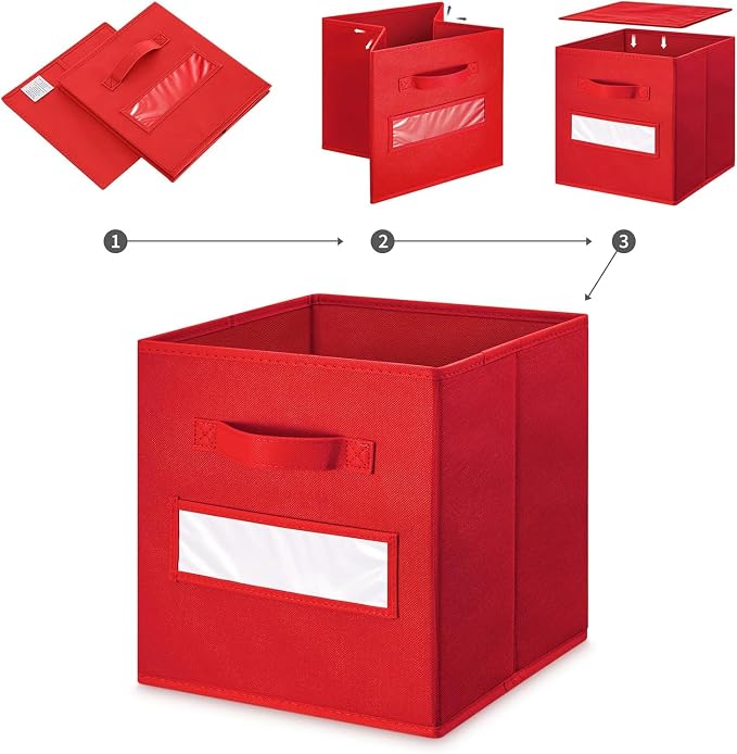 13x13x13 storage cube bins(Set of 10) Fabric storage cubes with 10 Labels Window Cards & a Pen, storage cubes 13x13, Collapsible 13 inch cube storage bins, Cubby Organizer Boxes, Red