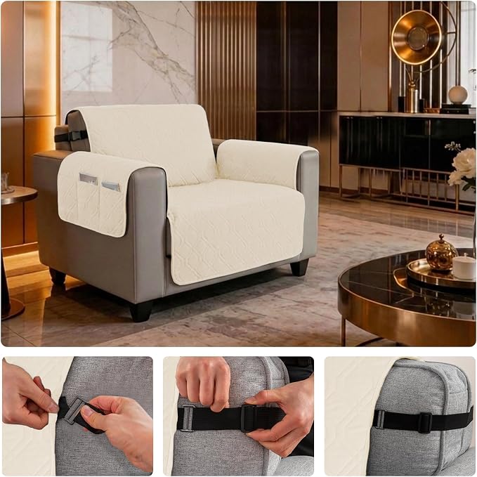 100% Waterproof Couch Cover, Straps&Pockets,pet Friendly,23" Beige | Washable sofa cover, pet-friendly, scratch-resistant furniture protector, quilted sofa cover, reversible, non-slip backing.