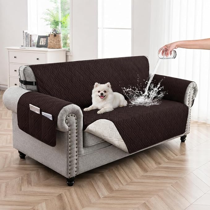 100% Waterproof Quilted Couch Cover,Straps&Pockets,46" Chocolate | Washable sofa cover, pet-friendly, scratch-resistant furniture protector, quilted sofa cover, reversible, non-slip backing.