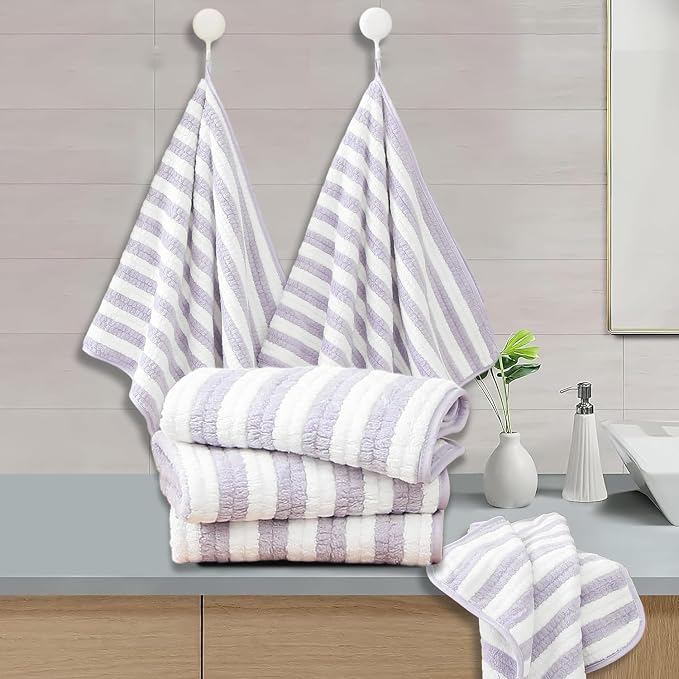 18-Piece Microfiber Bath Towels Set - 6 Bath Sheet, 6 Hand Towels, 6 Washcloths, Soft, Highly Absorbent Bathroom Towel, Quick Dry & Less Lint Shower towel for Bathroom, Hotel, Spa, Dorm-Light Purple