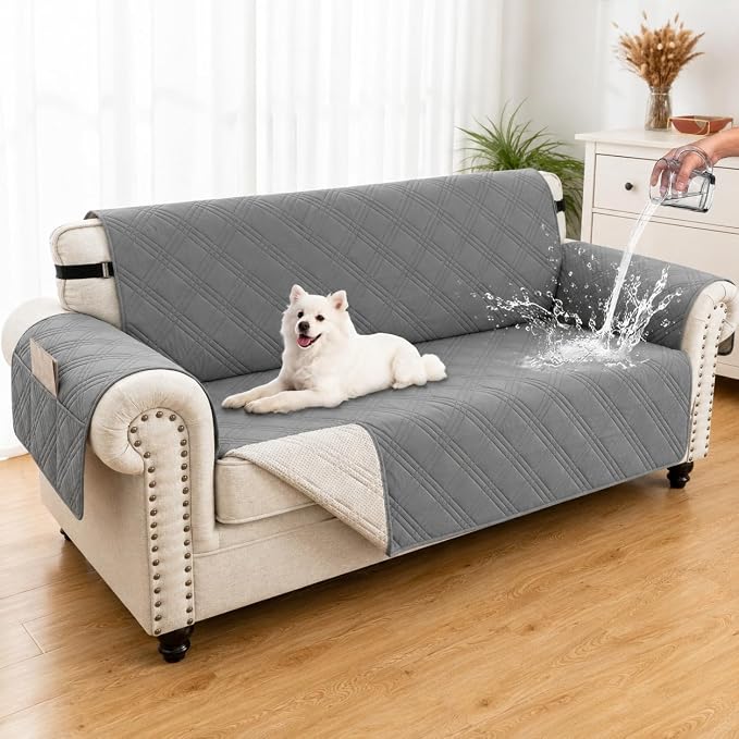 100% Waterproof Couch Cover for Dogs, Washable Anti-Slip Sofa Cover with Elastic Straps & Side Pockets, Quilted Furniture Protector for Kids & Pets (3 Cushion 68", Newgrey)