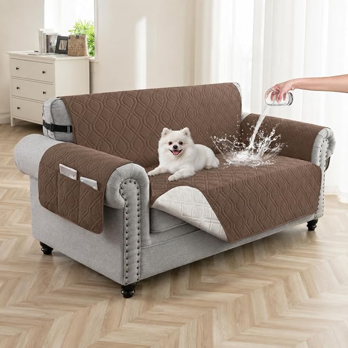 100% Waterproof Quilted Couch Cover,Straps&Pockets,46" Darkbrown | Washable sofa cover, pet-friendly, scratch-resistant furniture protector, quilted sofa cover, reversible, non-slip backing.