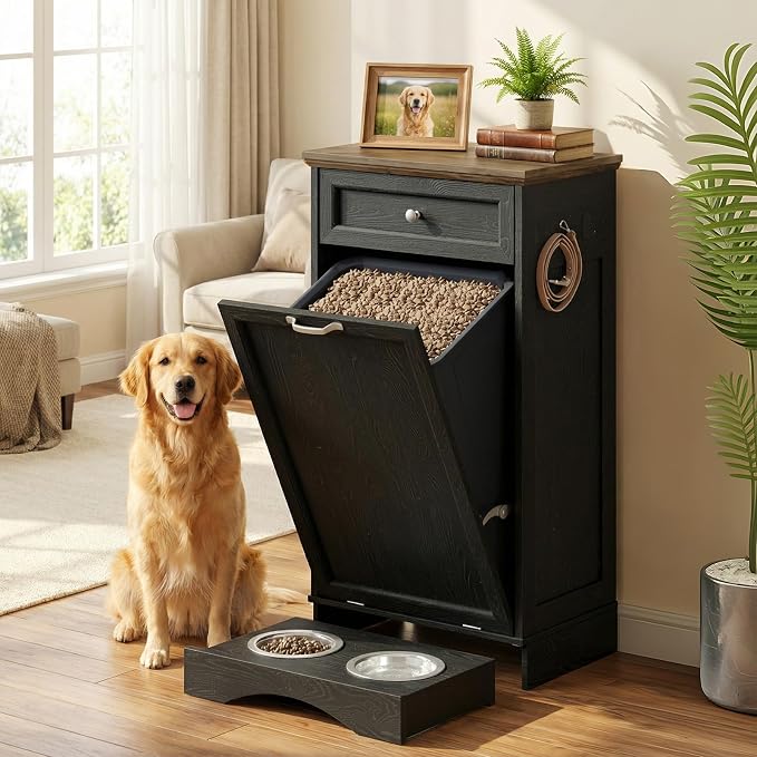 21''W Dog Feeding Station with Storage, Tilt Out Dog Food Cabinet with Drawer, 2 Feeding Bowls, Pet Food Storage, Cat Feeding Station, Dogs Storage Organizer, (Black, Single Door)