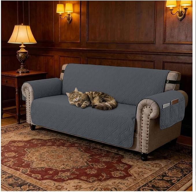 100% Waterproof Couch Cover,Straps&Pockets,pet Friendly,68" Gray | Washable sofa cover, pet-friendly, scratch-resistant furniture protector, quilted sofa cover, reversible, non-slip backing.