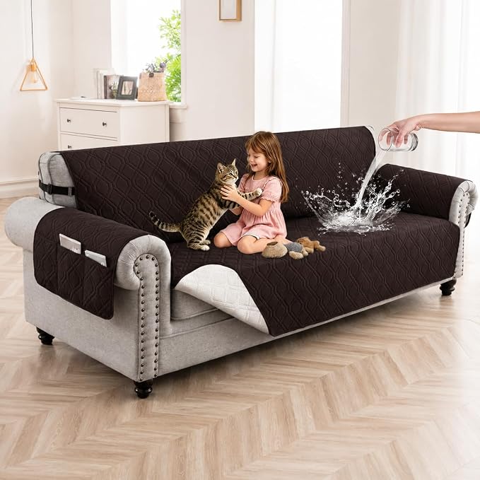 100% Waterproof Quilted Couch Cover,Straps&Pockets,78" Chocolate | Washable sofa cover, pet-friendly, scratch-resistant furniture protector, quilted sofa cover, reversible, non-slip backing.