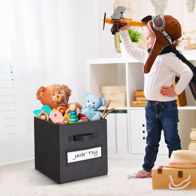 11 Inch Storage Cube,Storage bin,cube storage (Set of 10) Foldable Fabric Cube Storage Bins with 10 Labels Window Cards & a Pen,Baskets Containers for Shelves,Closet Organizers Box,Black