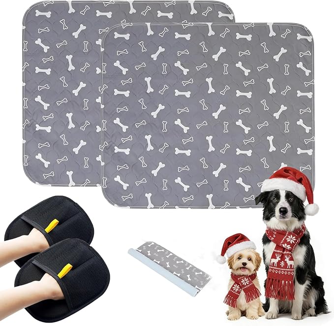 2PC Puppy Pee Pads with Pheromones, Washable Puppy Training Pads for Dogs Reusable Puppy Potty Pads for Dogs and Cats(with Pet Hair Removal Gloves)