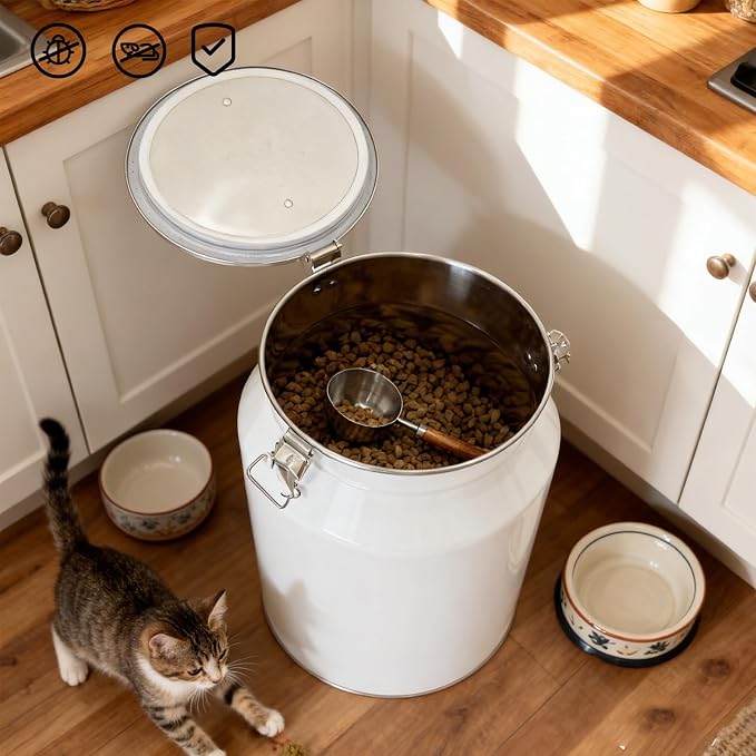 25 Lbs Stainless Steel Dog Food Storage Container with Scoop, Large Metal Dog Food Bin with Airtight Lid & Locking Clamp, Pet Treat Jars for Dogs & Cats, Keep Fresh, White