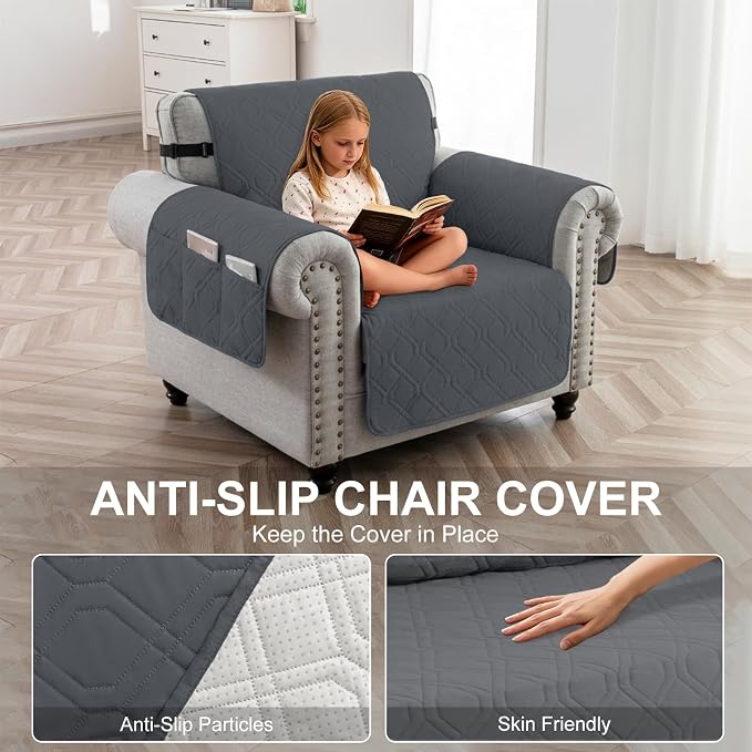 100% Waterproof Couch Cover,Straps&Pockets,pet Friendly,23" Gray | Washable sofa cover, pet-friendly, scratch-resistant furniture protector, quilted sofa cover, reversible, non-slip backing.
