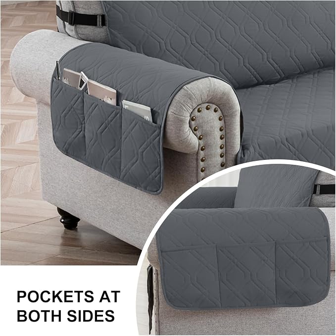 100% Waterproof Couch Cover,Straps&Pockets,pet Friendly,23" Gray | Washable sofa cover, pet-friendly, scratch-resistant furniture protector, quilted sofa cover, reversible, non-slip backing.