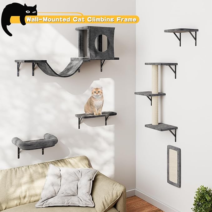 12-in-1 Cat Wall Shelves, Luxury Wall-Mounted Cat Climber Set | with Condos House, Scratching Post, Bridge Ladder, Indoor Space-Saving Furniture for Kittens, Dark Gray