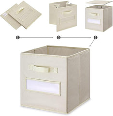 13x13x13 storage cube bins (Set of 10) Fabric storage cubes with 10 Labels Window Cards & a Pen, storage cubes 13x13, Collapsible 13 inch cube storage bins, Cubby Organizer Boxes, Beige