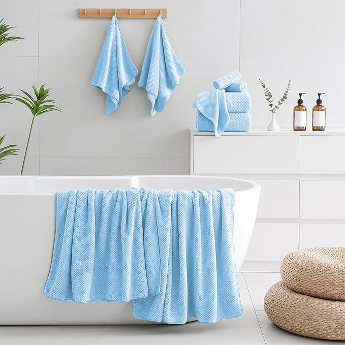 18 Piece Microfiber Bath Towels Set - 6 Bath Sheets,6 Hand Towels And 6 Washcloths,Soft Family Towels,Highly Absorbent Bathroom Towel,Quick Dry Shower Towel Luxury Towels For Hotel Spa Dorm-Blue