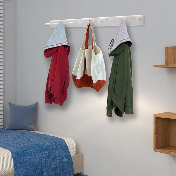 2PCS Coat Rack Wall Mounted, Long 38'' Wooden Wall Coat Hooks with 10 Pegs, Wall Peg Rail Hangers for Hanging Towels, Hats, Backpacks, Clothing, Caps(White)