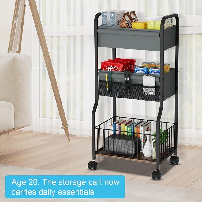 3-tier Baby Diaper Caddy Organizer and Storage Cart with 4+3 Dividers, Metal Utility Cart with Lockable Wheels for Nursery, Bedroom, Bathroom, Black
