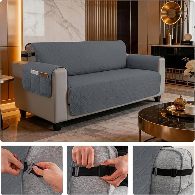 100% Waterproof Couch Cover,Straps&Pockets,pet Friendly,68" Gray | Washable sofa cover, pet-friendly, scratch-resistant furniture protector, quilted sofa cover, reversible, non-slip backing.