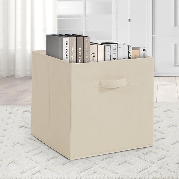 11 Inch Fabric Storage Cubes, Sturdy Foldable Storage Bins, Heavy Duty Cube Organizer for Clothes, Blankets, Shelves, Closets, Bedroom, Living Room, Beige, 12 Pack