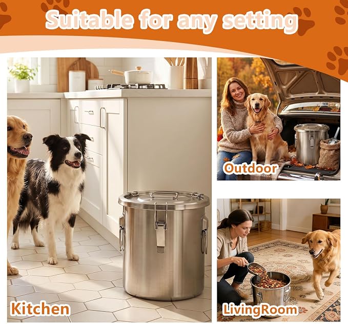 30LB Stainless Steel Dog Food Storage Container with Lid & Scoop, Large Metal Dog Food Container for Dry Pet Food, Pet Food Storage Container for Kibble, Cat Food and Treats