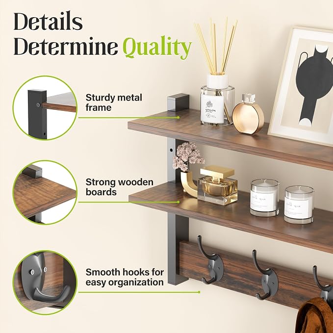 2 Tier Coat Rack Wall Mount with Shelf, 33" Wall Shelf with Hooks, Entryway Key Holder for Wall with 8 Heavy Duty Double Hooks, Coat Hook Wall Mounted for Bedroom, Living Room, Rustic Brown