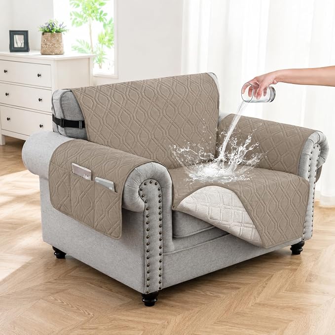 100% Waterproof Couch Cover,Straps&Pockets,pet Friendly,23" Camel | Washable sofa cover, pet-friendly, scratch-resistant furniture protector, quilted sofa cover, reversible, non-slip backing.