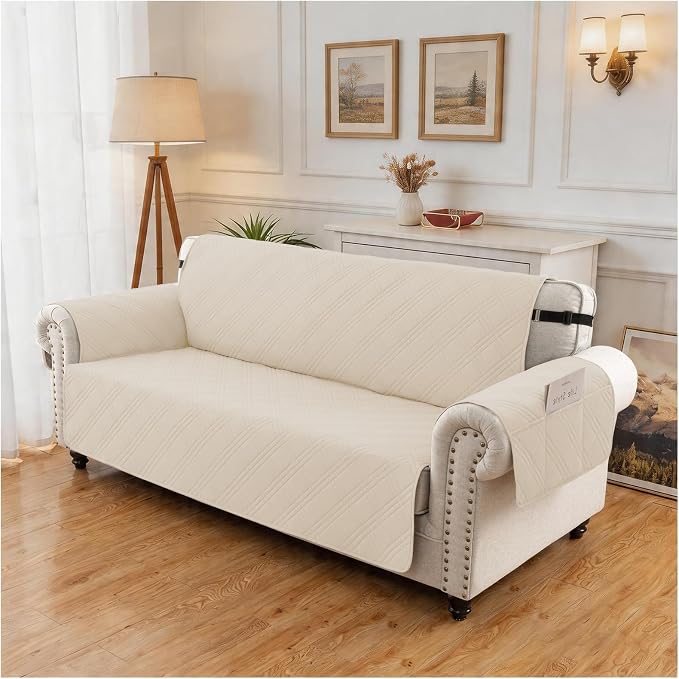 100% Waterproof Couch Cover for Dogs, Washable Anti-Slip Sofa Cover with Elastic Straps & Side Pockets, Quilted Furniture Protector for Kids & Pets (3 Cushion 68", Beige)