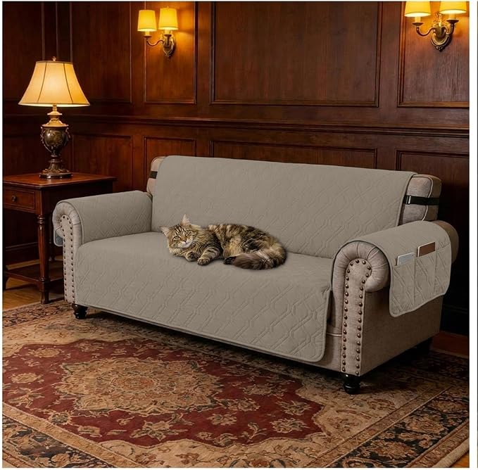 100% Waterproof Couch Cover,Straps&Pockets,pet Friendly,46" Camel | Washable sofa cover, pet-friendly, scratch-resistant furniture protector, quilted sofa cover, reversible, non-slip backing.