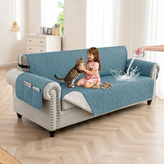 100% Waterproof Quilted Couch Cover,Straps&Pockets,78" Grayishblue | Washable sofa cover, pet-friendly, scratch-resistant furniture protector, quilted sofa cover, reversible, non-slip backing.