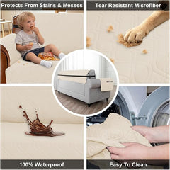 100% Waterproof Couch Cover, Straps&Pockets,pet Friendly,46" Beige | Washable sofa cover, pet-friendly, scratch-resistant furniture protector, quilted sofa cover, reversible, non-slip backing.