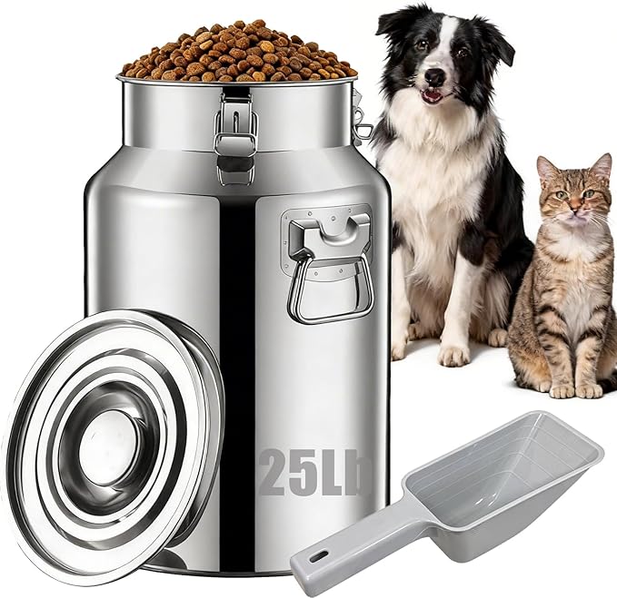 25 Lbs Stainless Steel Dog Food Storage Container with Scoop, Large Metal Dog Food Bin with Airtight Lid & Locking Clamp, Pet Food Container for Dogs & Cats, Keep Fresh, Easy to Clean