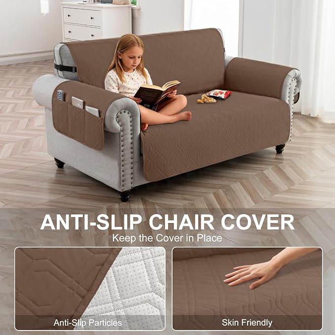 100% Waterproof Quilted Couch Cover,Straps&Pockets,46" Darkbrown | Washable sofa cover, pet-friendly, scratch-resistant furniture protector, quilted sofa cover, reversible, non-slip backing.