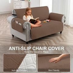 100% Waterproof Quilted Couch Cover,Straps&Pockets,46" Darkbrown | Washable sofa cover, pet-friendly, scratch-resistant furniture protector, quilted sofa cover, reversible, non-slip backing.