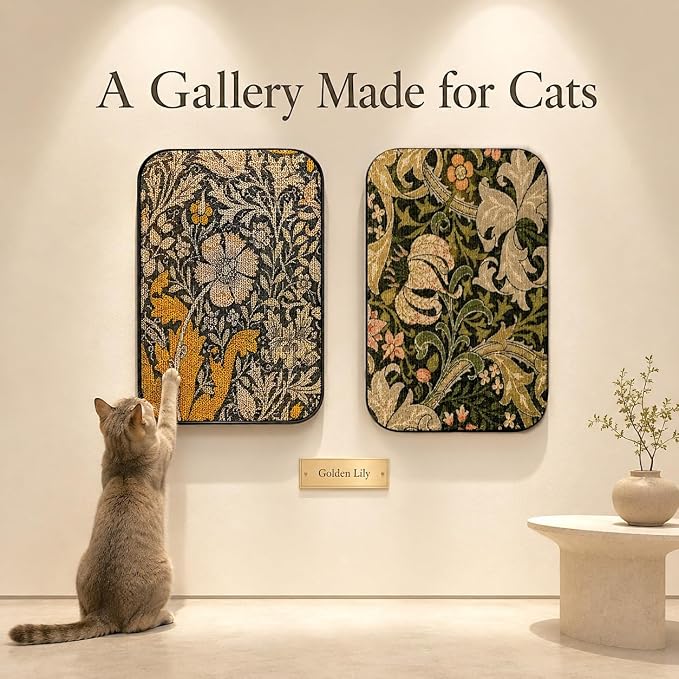 2 Pack Cat Wall Scratcher, Art Cat Scratching Board for Cats | Wall Mounted Cat Scratch Pad, Water-Based Ink, Hook&Loop Strips, Floor or Wall Use, 16.7x11x1 Inch, William Flower