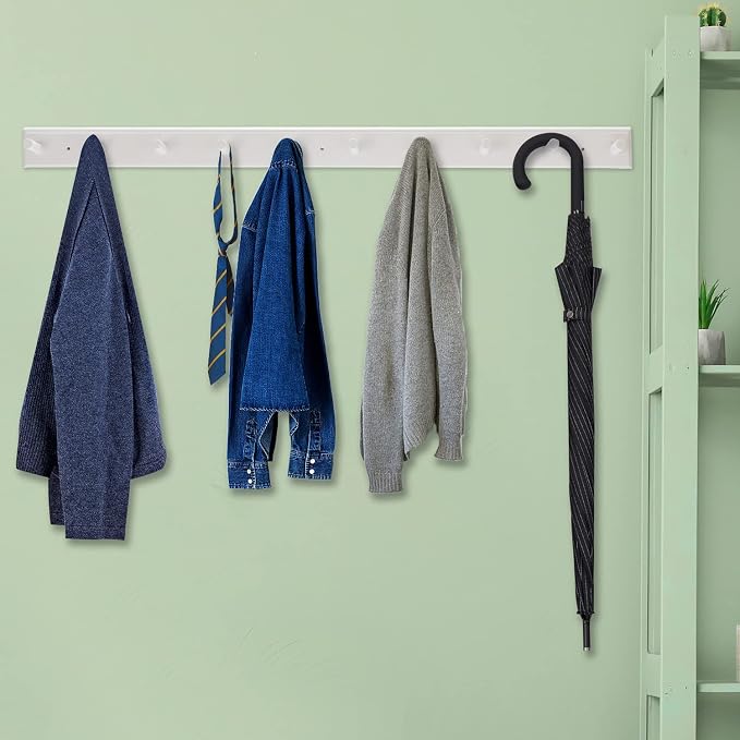 10 Hook Coat Rack Wall Mounted, Long 38 Inches Wooden Wall Coat Hanger with 10 Pegs, 16'' Hole to Hole Wall Coat Hooks for Hanging Towels, Hats, Backpacks, Clothing, Caps (White