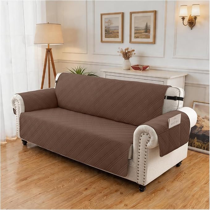 100% Waterproof Couch Cover for Dogs, Washable Anti-Slip Sofa Cover with Elastic Straps & Side Pockets, Quilted Furniture Protector for Kids & Pets (3 Cushion 68", Darkbrown)