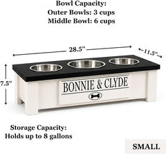 3 Bowl Dog Feeding Station, Personalized Triple Bowl Food Stand Small Dogs | Farmhouse Style, Elevated Wood Stand, Storage Container, Stainless Steel Bowls, Raised Feeder, Small Breed, Made in USA