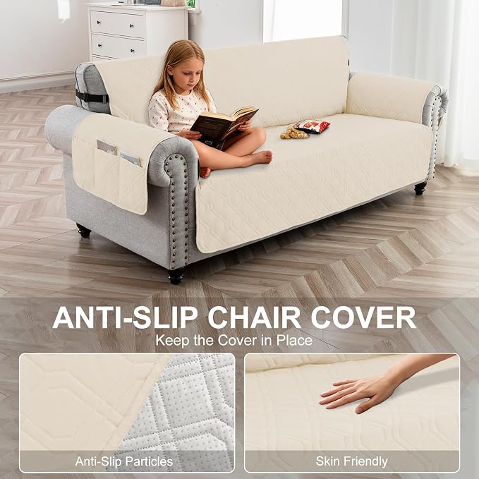 100% Waterproof Couch Cover, Straps&Pockets,pet Friendly,68" Beige | Washable sofa cover, pet-friendly, scratch-resistant furniture protector, quilted sofa cover, reversible, non-slip backing.