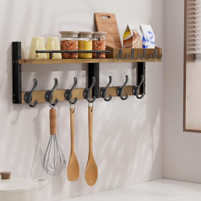 29 inch Coat Rack Wall Mount with Shelf, Entryway Wall Shelf with Hooks, Heavy Duty Coat Hanger Wall Mount with Key Holders and Mail Organizer for Living Room, Bedroom, Wooden Brown & Black