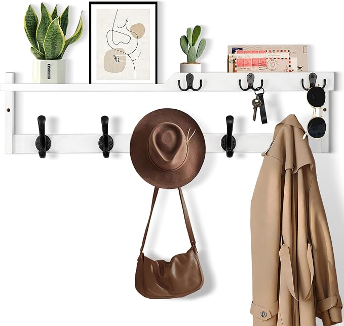 29'' Coat Rack Wall Mount with Shelf, Coat Hanger Wall Mount with Key Hooks and Mail Holder, Wood Entryway Floating Shelf with Hooks and Storage, Hat Rack for Wall Key Holder Mail Organizer