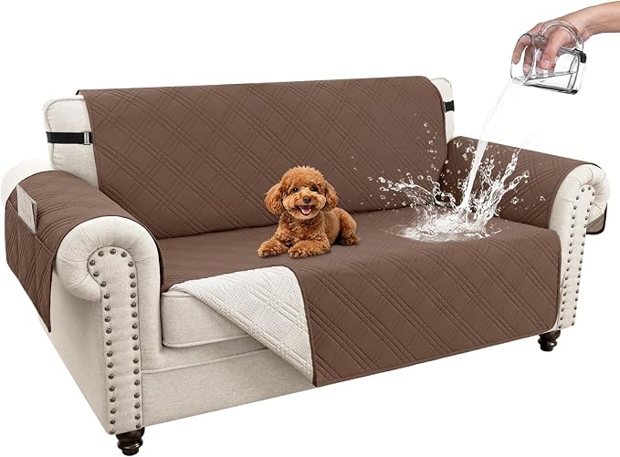 100% Waterproof Couch Cover for Dogs, Anti-Slip Washable Sofa Cover with Elastic Straps & Side Pockets, Durable Furniture Protector for Kids & Pets (Loveseat 46", Dark Brown)