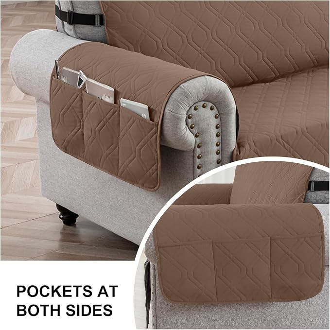 100% Waterproof Quilted Couch Cover,Straps&Pockets,68" Darkbrown | Washable sofa cover, pet-friendly, scratch-resistant furniture protector, quilted sofa cover, reversible, non-slip backing.