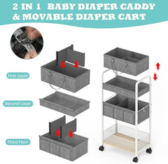 2In1 Baby Diaper Caddy & 3-Tier Rolling Diaper Cart, Diaper Caddy Organizer Cart with Dividers, Metal Detachable Bedside Cart for Baby Nursery Essentials, Large Capacity, Easy to Assemble, White