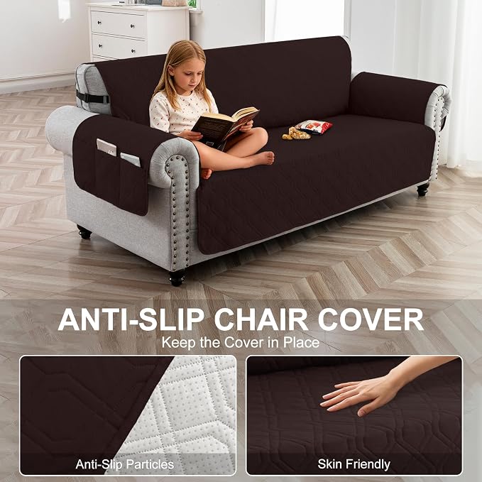 100% Waterproof Quilted Couch Cover,Straps&Pockets,68" Chocolate | Washable sofa cover, pet-friendly, scratch-resistant furniture protector, quilted sofa cover, reversible, non-slip backing.