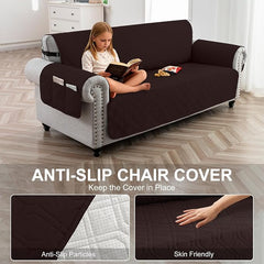 100% Waterproof Quilted Couch Cover,Straps&Pockets,68" Chocolate | Washable sofa cover, pet-friendly, scratch-resistant furniture protector, quilted sofa cover, reversible, non-slip backing.