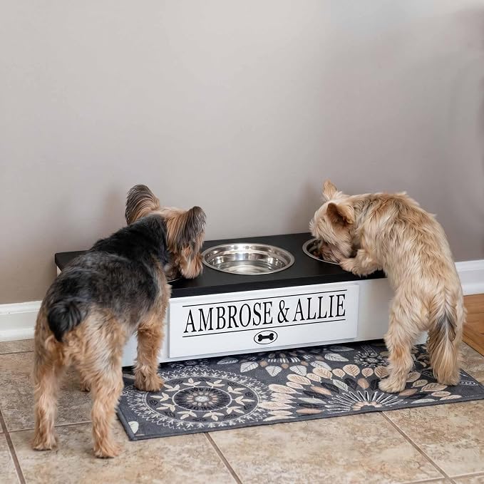 3 Bowl Dog Feeding Station, Personalized Triple Bowl Food Stand Small Dogs | Farmhouse Style, Elevated Wood Stand, Storage Container, Stainless Steel Bowls, Raised Feeder, Small Breed, Made in USA