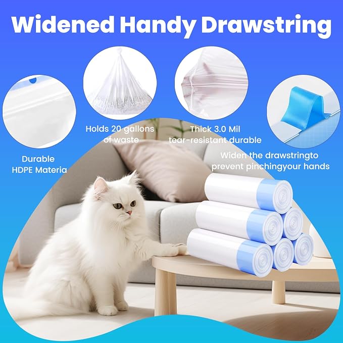 30 Pack Jumbo Cat Litter Bags - 3MIL Extra Thick Leakproof Litter Box Liners, 37"x18" Heavy Duty Drawstring Cat Litter Liners for Automatic Litter Box, Odor Control Disposable Kitty Litter Bags 3 Roll